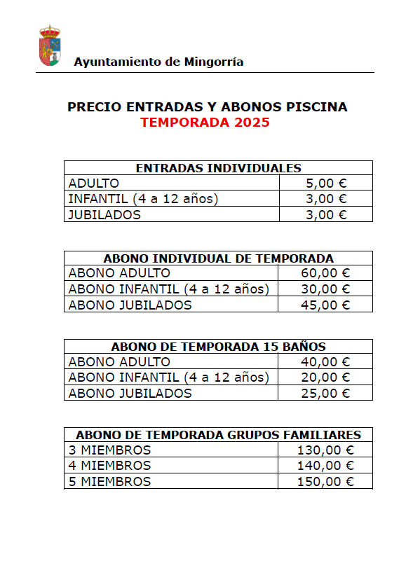 PRECIO ENTRADAS Y ABONOS PISCINA TEMPORADA 2025